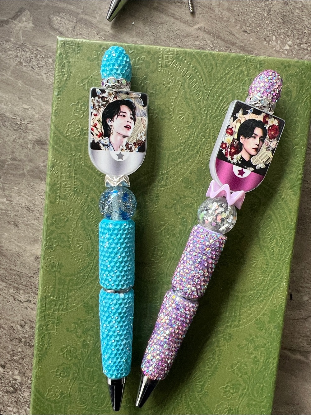 2x pens Sparkle Beaded Decorative Ballpoint Pen - Blue Purple novelty BTS Korean